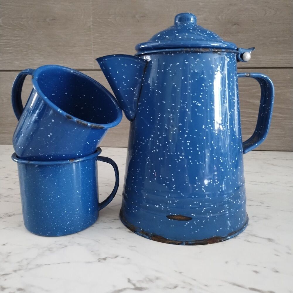 Blue Speckled Enamel Coffee Pot Percolator w 2 Cups Vintage Camping Farmhouse